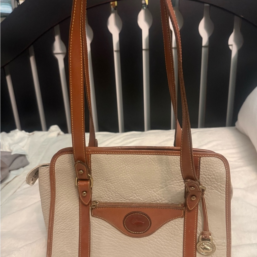 Vintage Dooney & Bourke Cream and Tan Leather Shoulder Bag with Gold Accent